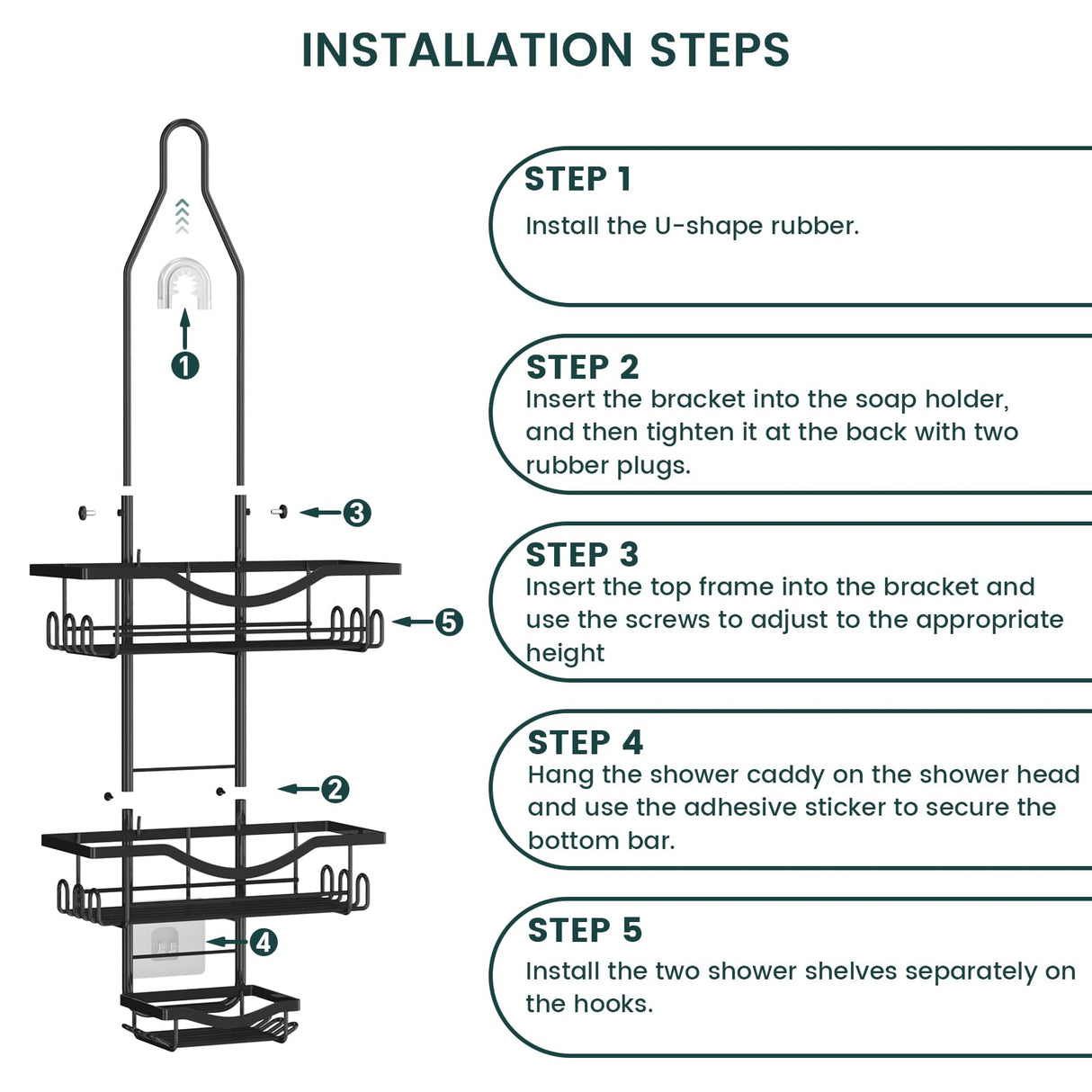 Shower Caddy Hanging Adjustable Shower Caddy, Rustproof Shower Organizer Extended Length Shower Caddy Over Shower Head with Hooks Soap Holder, Large Capacity Anti-Swing Bathroom Organizer, Black REINHARDT