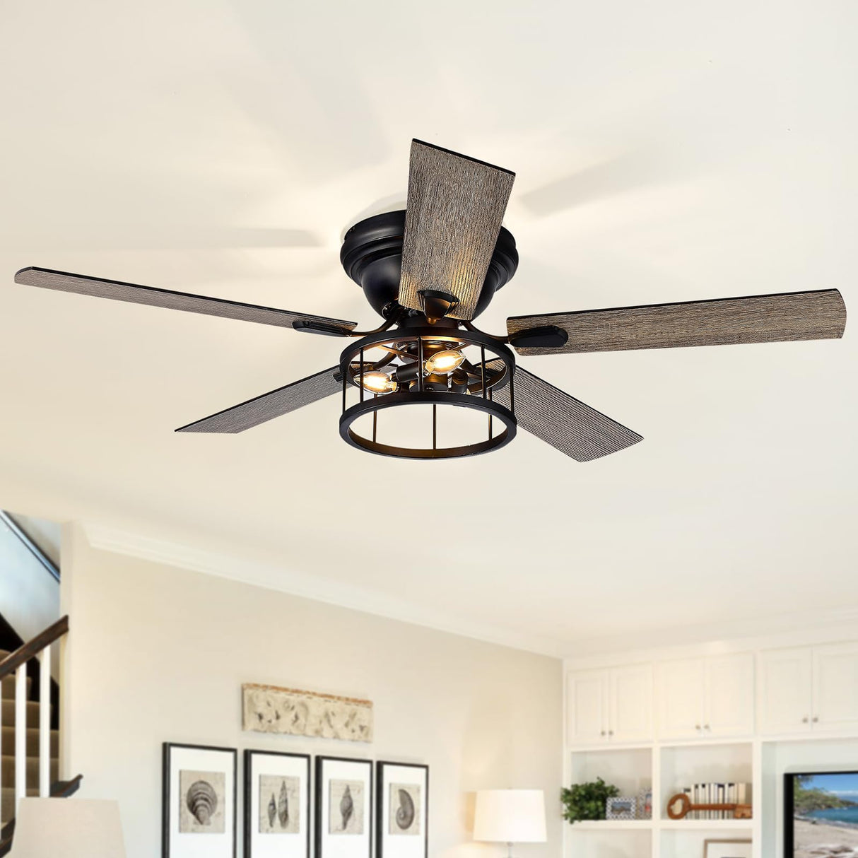 Breezary 52 Inch Flush Mount Farmhouse Ceiling Fan with Light and Remote, Reversible AC Motor, 5 Dual Finish Blades, Industrial Low Profile Black Ceiling Fan light for Bedroom Home Breezary
