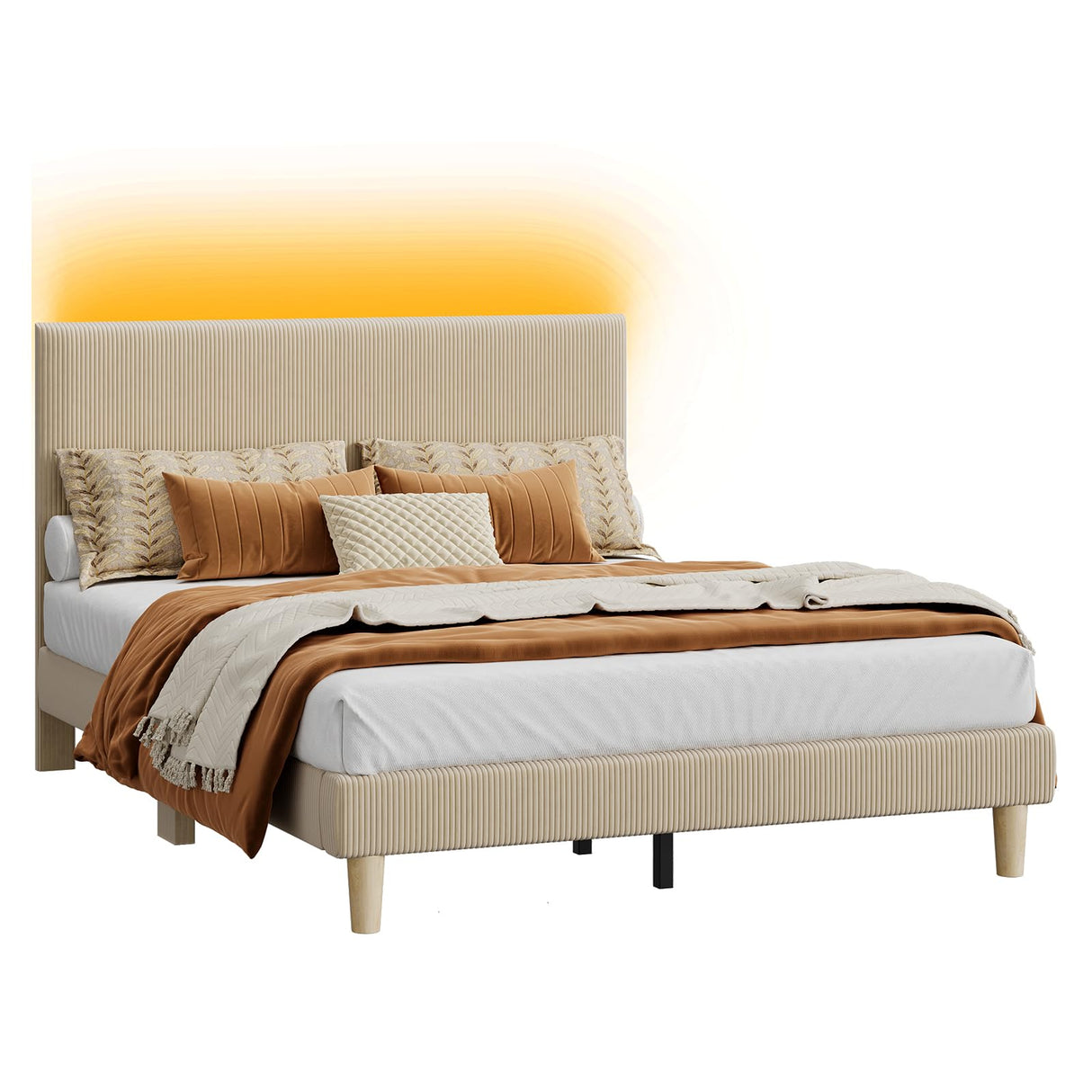 Bestier Queen Bed Frame with Adjustable Headboard, LED Lighting, Vertical Channel Tufted Corduroy Upholstered, Solid Wooden Slats Support, No Box Spring Needed, Never Squeaks, Easy Assembly, Taupe Bestier