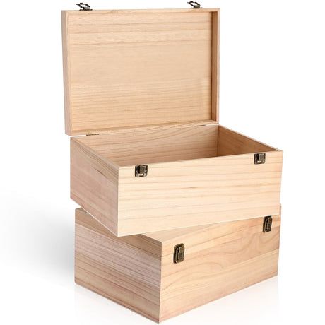 Wesiti 2 Pcs Unfinished Wooden Box 14 x 10 x 6.5 Inch Treasure Chest Craft Box with Hinged Lid Rustic Large Paint Box Stash Crate for Storage Carving DIY Gift Wesiti