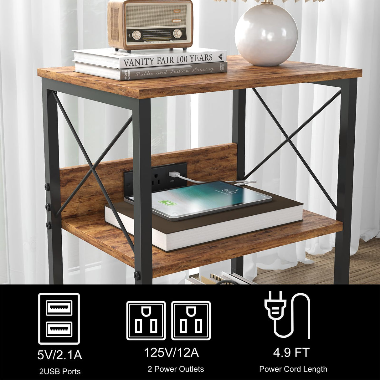3 Tiers End Table with Charging Station, LED Side Table Turntable Stands for Vinyl Storage, Records Shelf for Albums, Vinyl Shelf Record Player Table for Living Room, Bedroom Rustic Brown WoodArtSupply