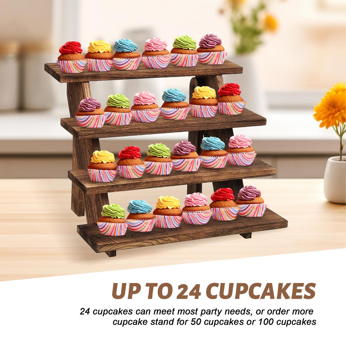 Fumingpal Wooden Cupcake Stand - 4 Tier Cupcake Display Stand, Rustic Tiered Display Stand, Tool Free Installation Cupcake Stand for Baby Shower Decorations Birthday Party Supplies Fumingpal