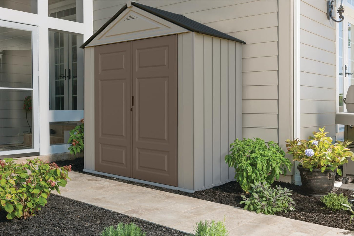 Rubbermaid Resin Outdoor Storage Shed With Floor (7 x 3.5 Ft.), Weather Resistant, Brown/Grey, Organization for Home/Lawn Mower/Backyard Equipment/Bike Storage/Pool Supplies Rubbermaid