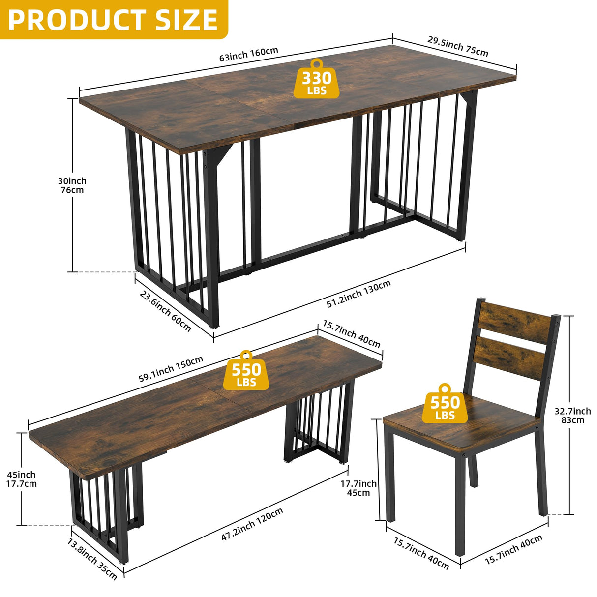 DWVO 63 Inch Dining Table Set for 6-8 People 6-Piece Large Kitchen Table Set with 2 Benches and 4 Chairs Farmhouse Rectangular Dining Room Table for Kitchen Dining Room Apartment Rustic Brown DWVO