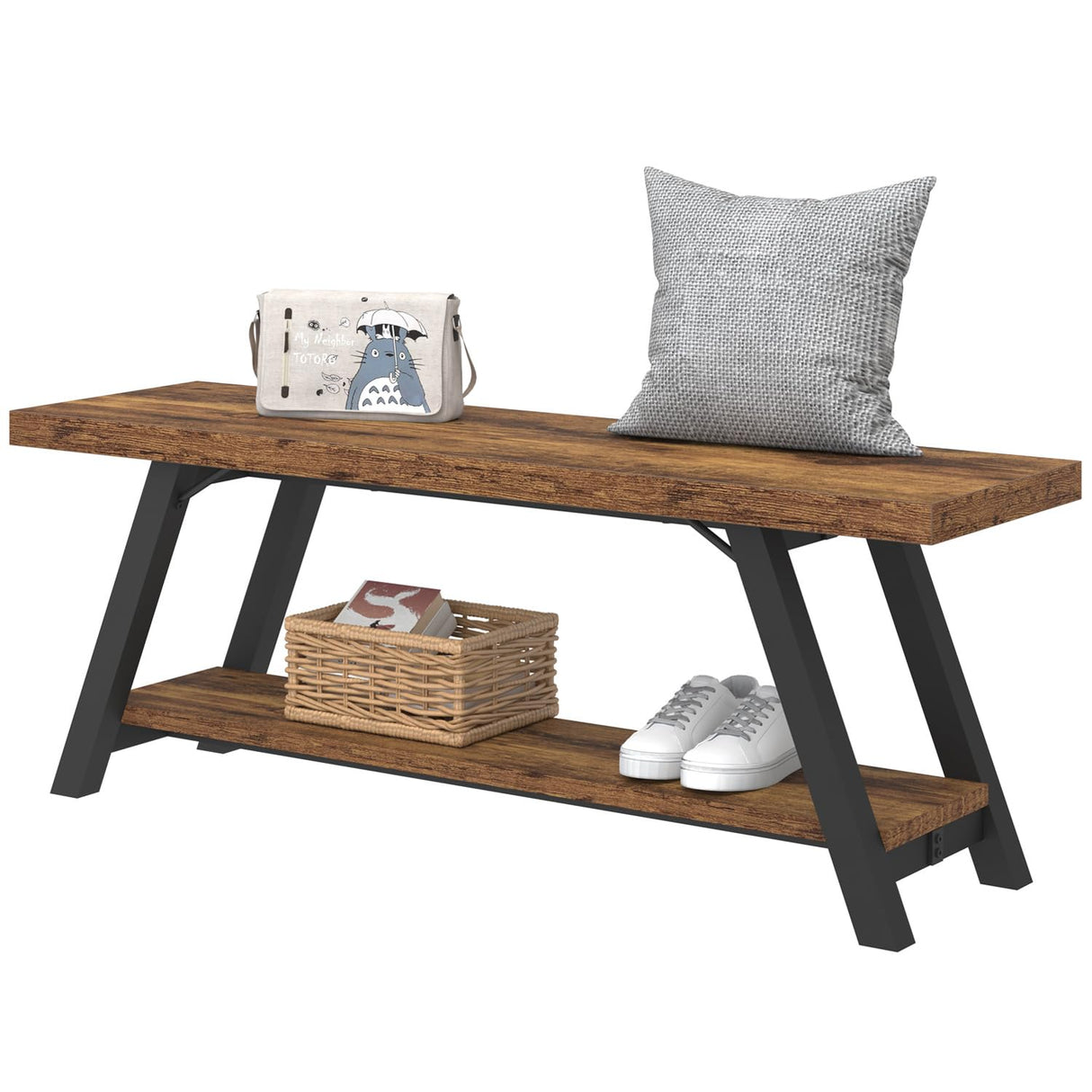 LVB Wood Bench, Industrial Storage Entryway Indoor Bench for Bedroom Hallway Living Room, Rustic Famhouse Wooden Metal Shoe Rack Accent Foyer Bench Seat for Entrance Sitting, Rustic Brown, 47 in Long LVB