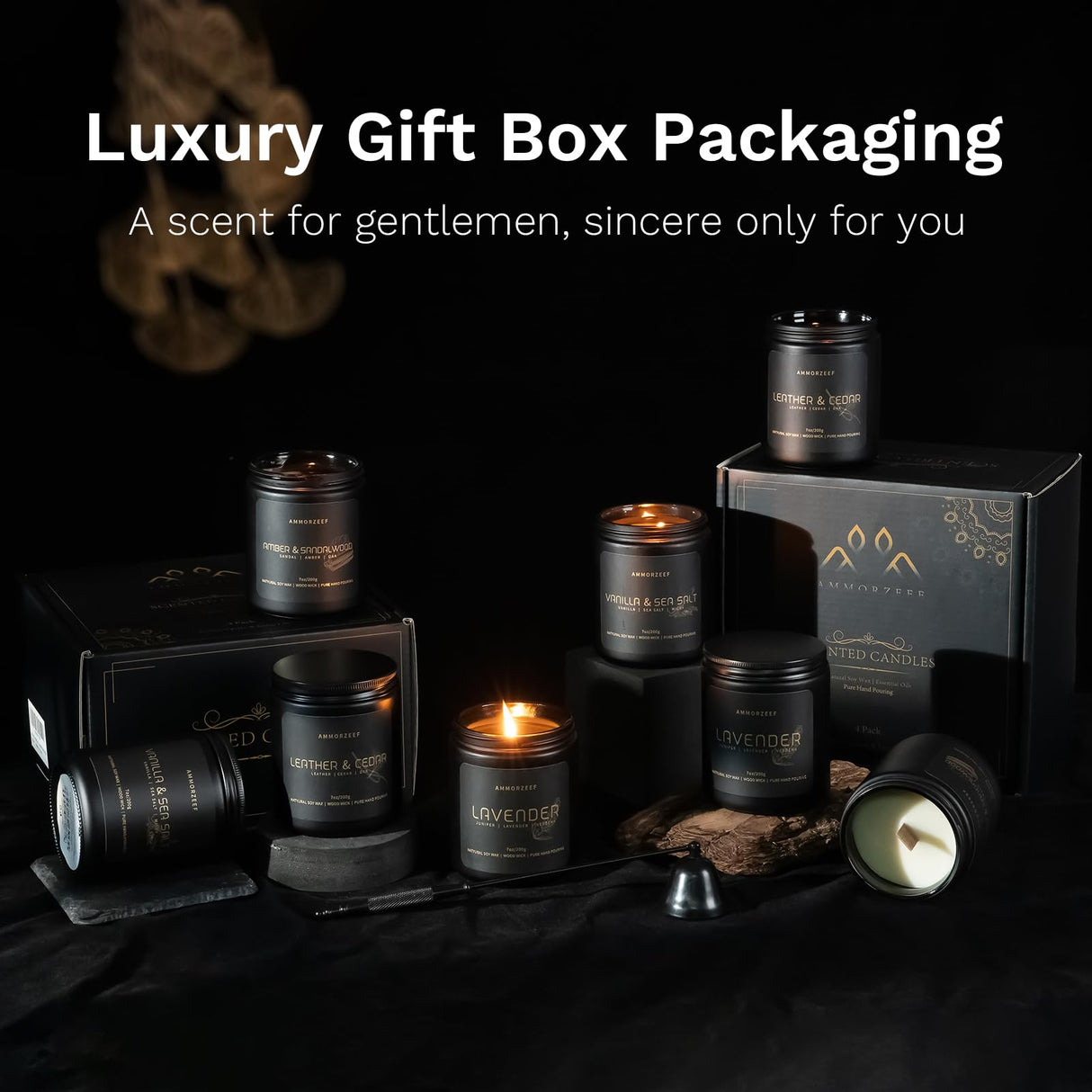 AMMORZEEF 4 Pack Manly Scented Candles for Men Soy Candle Set for Home Wood Wick Aromatherapy Candles for Relaxation Scented Leather Cedar/Lavender/Amber Sandalwood/Vanilla Candles AMMORZEEF