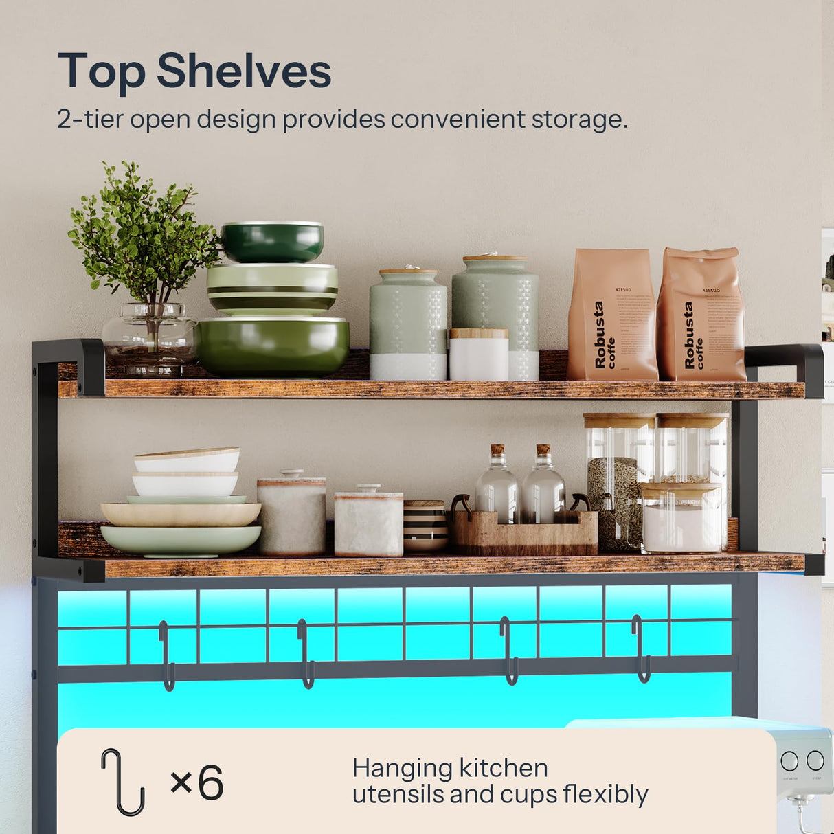 HOOBRO Bakers Rack with Power Outlet, 5 Tiers Coffee Bar with LED Light, Microwave Stand with Wire Basket & Wine Holders, Kitchen Storage Shelf with 6 S-Shaped Hooks, Rustic Brown and Black BF21UDHB01 HOOBRO