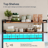 HOOBRO Bakers Rack with Power Outlet, 5 Tiers Coffee Bar with LED Light, Microwave Stand with Wire Basket & Wine Holders, Kitchen Storage Shelf with 6 S-Shaped Hooks, Rustic Brown and Black BF21UDHB01 HOOBRO