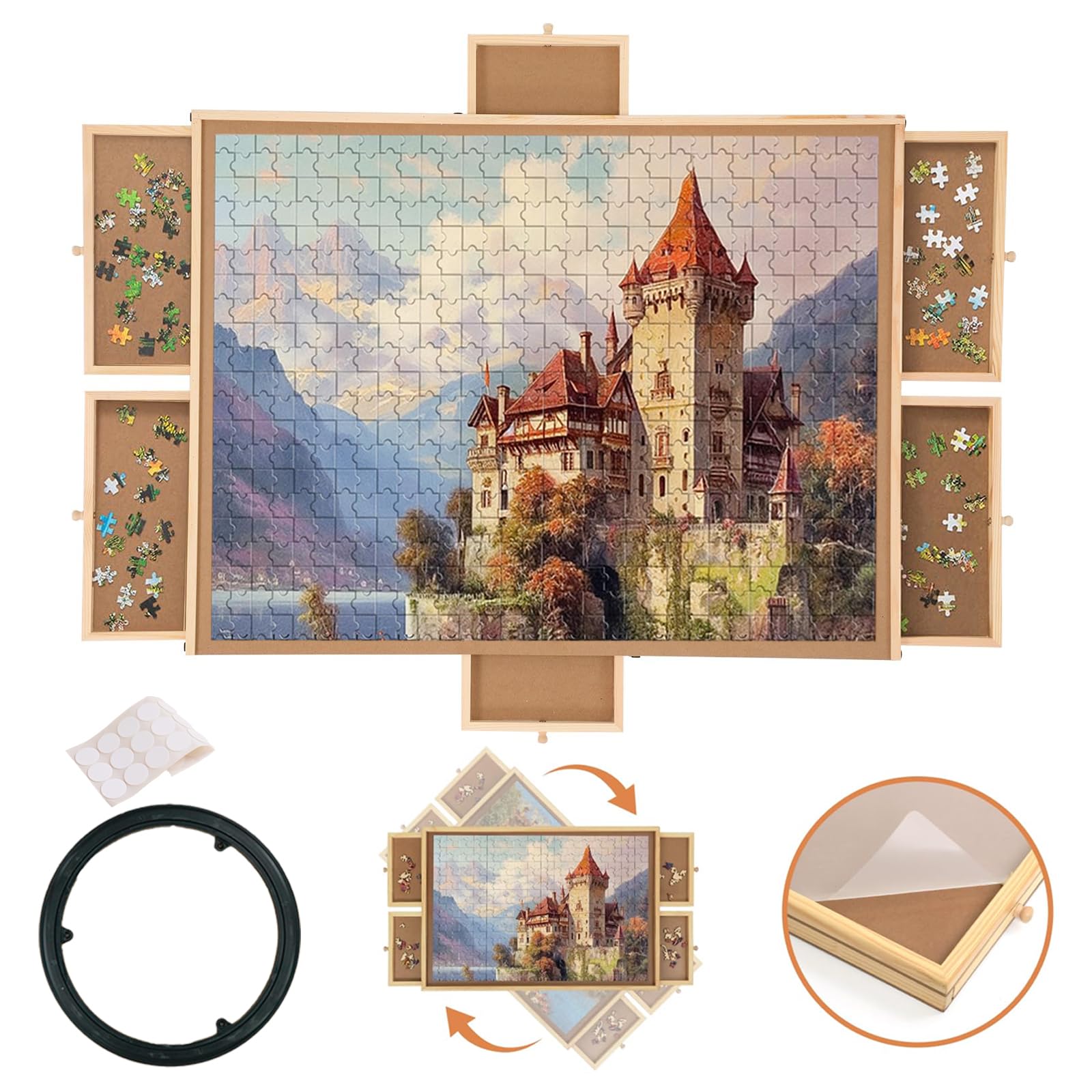 Puzzle Board, 1500 Pieces Rotating Puzzle Board with 6 Drawers and Cover, Wooden Lazy Susan Puzzle Table for Adults (27'' × 35'') - WoodArtSupply