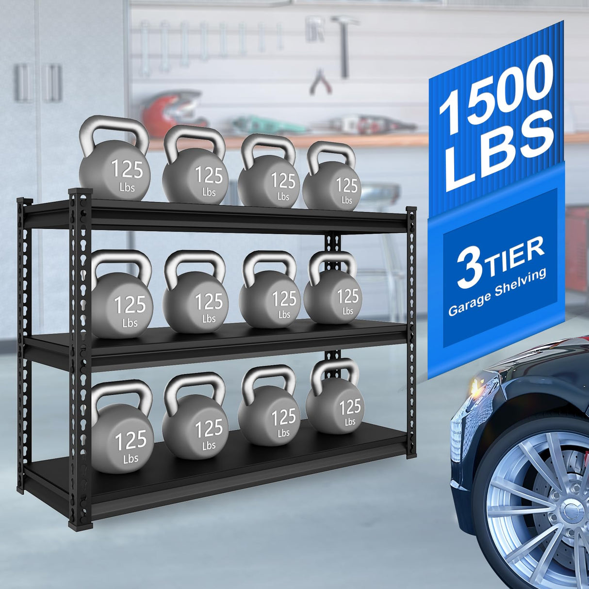 SDXYSTCE 48" W Garage Shelving Heavy Duty, 1500LBS Loads Adjustable Garage Storage Shelves, 3-Tier Metal Shelving Units and Storage Racks, Industrial Utility Shelf,48" Wx18 Dx39 H, Black SDXYSTCE