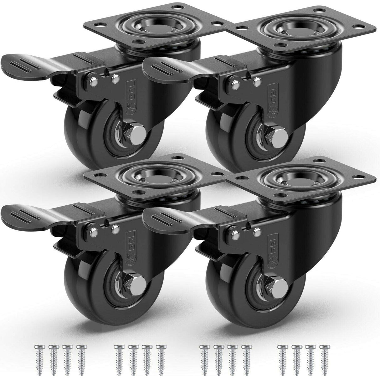 GBL 2" Heavy Duty Caster Wheels with Brakes + Screws - up to 440Lbs - Set of 4 No Floor Marks Silent Castor for Furniture - Rubbered Trolley or Pallet Swivel Wheels - Black Casters GBL