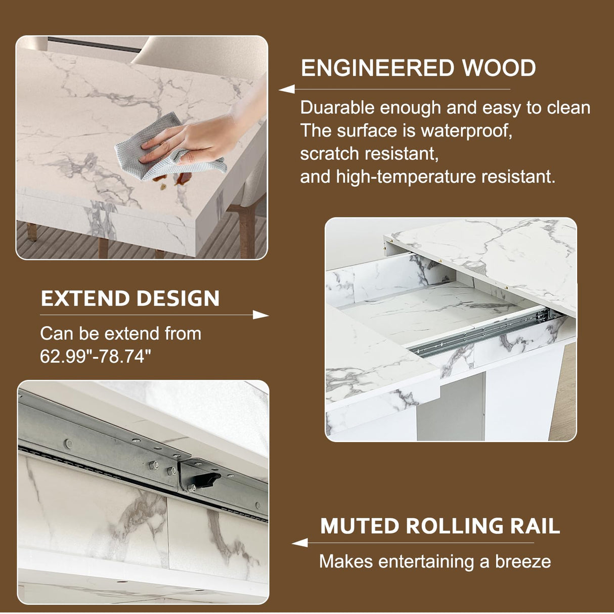 KUVADAZ 63"-78.74" White Faux Marble Extendable Dining Room Table Set for 8, 9-Piece Dining Table Set with 8 Chairs, Rectangle Wooden Expanding Kitchen Table and Beige Upholstered Chairs Set KUVADAZ