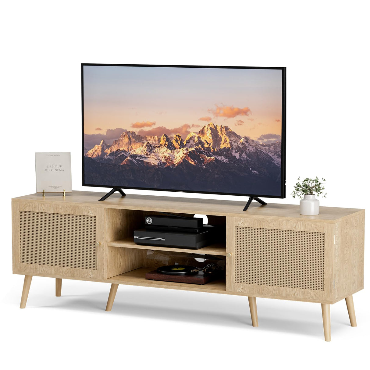 ZttRiee TV Stand for TVs up to 65'', Entertainment Center with Rattan Door, Shelves & 2 Cabinets, Long Boho Media TV Console for Living Room, Natural ZttRiee