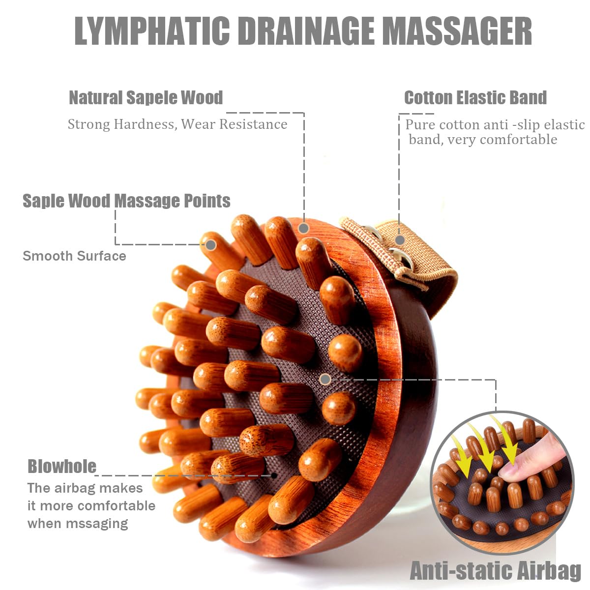 VERYOND Sapele Wood Anti-Cellulite Massage Brush - Hand-Held Massager Body Brush Muscle Relax Sauna SPA Head Massage Brush VERYOND