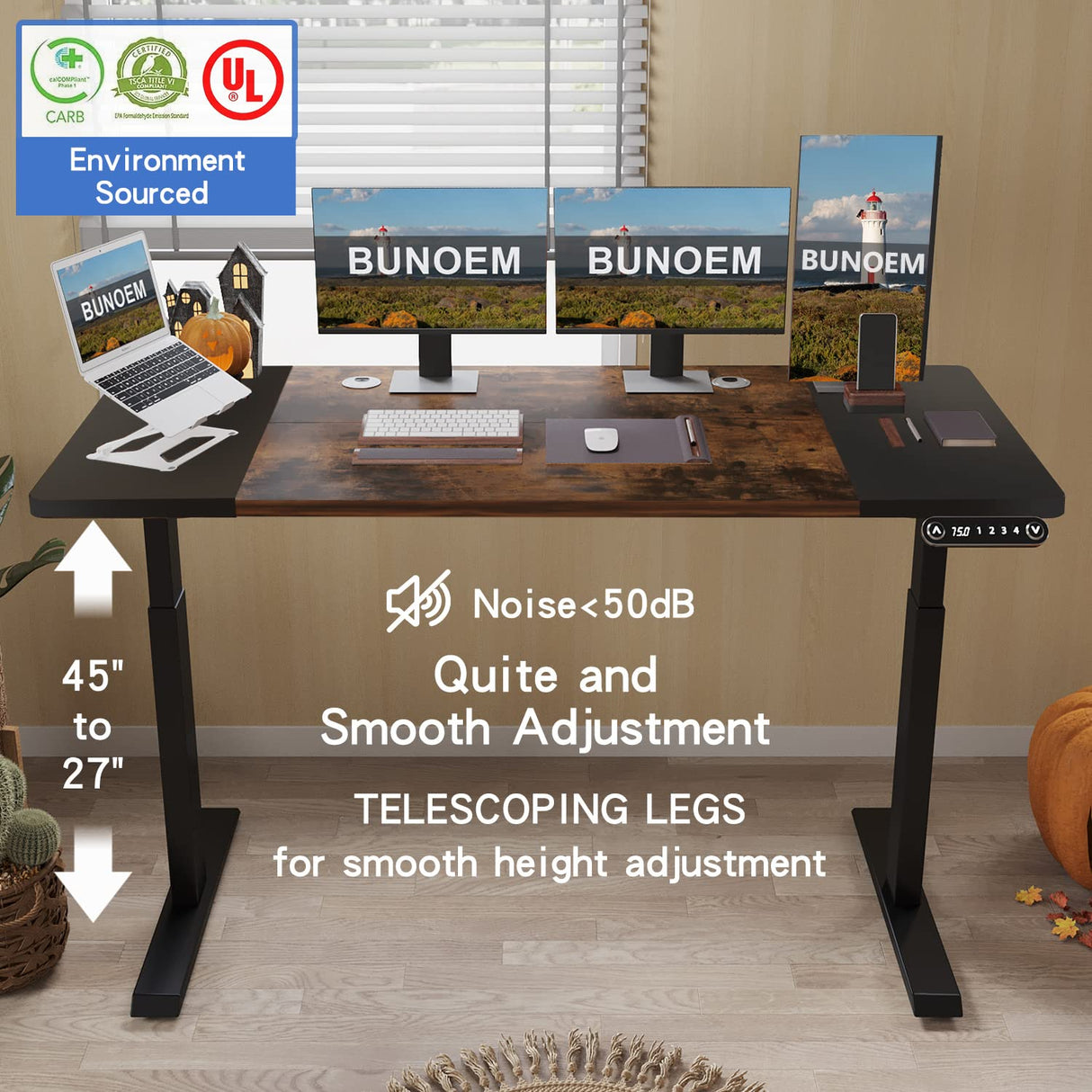 BUNOEM Height Adjustable Electric Standing Desk, 63x30 Height Stand Up Computer Desk,Sit and Stand Home Office Desk with Splice Board (Brown+Black Top, Black Frame) BUNOEM