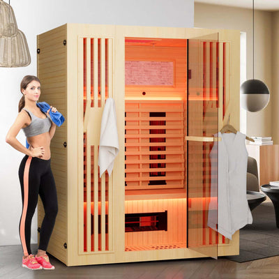 MEISSALIVVE Full Spectrum Sauna for Home,2~3 Person Indoor Infrared Sauna Room with 10 Minutes Warm-up Heate,Canadian Hemlock Wood Home Infrared Sauna with Bluetooth. and Tempered Glass