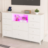 LDTTCUK Dresser with Charging Station and LED Lights, Long Dresser for Bedroom Dresser TV Stand with 10 Drawers, Fabric Chest of Drawers with PU Finish, Wide Dresser Storage Organizer, White LDTTCUK