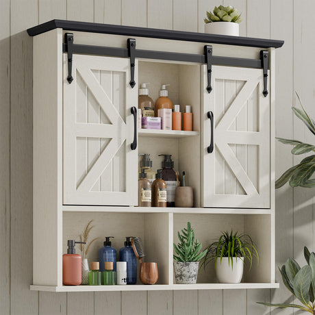 Vabches Bathroom Wall Cabinet, Farmhouse Medicine Cabinet with Double Sliding Barn Door and Adjustable Shelves, Wooden Vintage Storage Cabinet Wall Mounted for Bathroom, Kitchen, White and Black Vabches