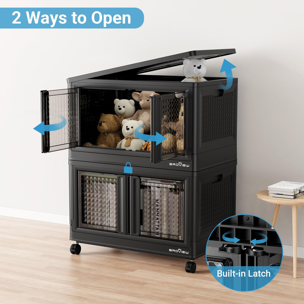 BROVIEW 240Qt Stackable Storage Bins with Lids, 60Gal Plastic Collapsible Storage Bins with Doors and Wheels, Closet Organizers and Storage, Black Folding Storage Cabinet for Home Garage, 3 Pack Cube BROVIEW