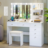 VOWNER Vanity with Lights - 47" Makeup Vanity Desk with Power Outlet, Storage Shelves and 6 Drawers, 3 Color Lighting Modes with Adjustable Brightness, Makeup Desk with Stool for Bedroom, White VOWNER