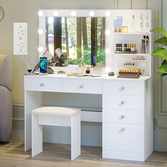 VOWNER Vanity with Lights - 47" Makeup Vanity Desk with Power Outlet, Storage Shelves and 6 Drawers, 3 Color Lighting Modes with Adjustable Brightness, Makeup Desk with Stool for Bedroom, White