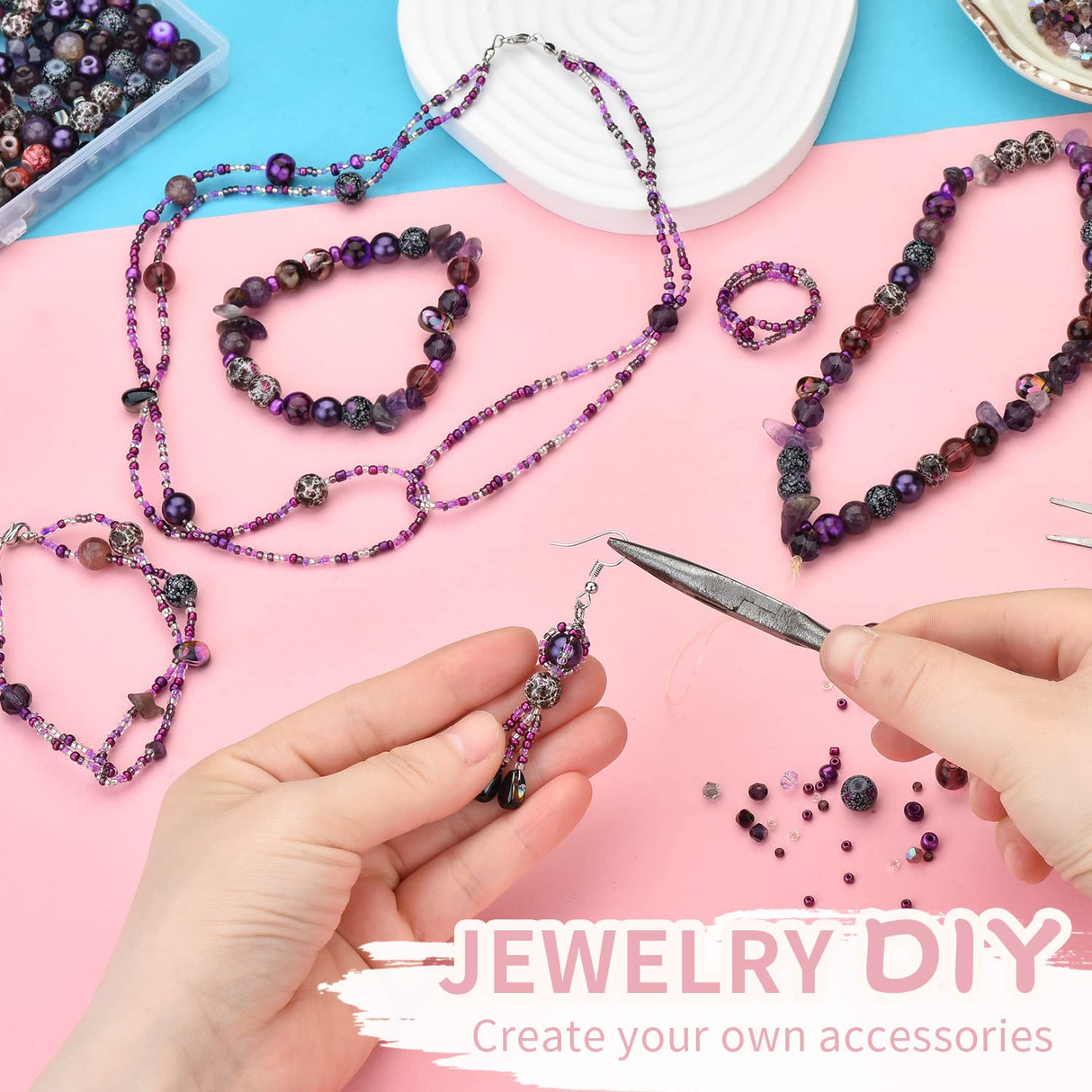 900pcs Glass Craft Beads for Bracelet Making Kit, Include Assorted Round/Bicone/Seed/Rock Beads and Teardrop Pendant for Jewelry Making, Necklace, Art, Designer Charms Rired 27