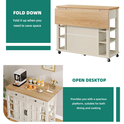 YITAHOME Kitchen Island with Drop Leaf & Power Outlet, Rolling Kitchen Cart on Wheels, Americana Kitchen Island Cabinet with Open Shelves for Kitchen Dining Room, Thicker Rubberwood Top, Off White