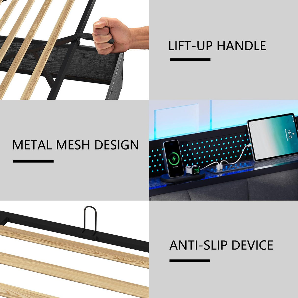 LUXOAK Queen Size Lift Up Storage Bed Frame with RGB LED Lights and Charging Station in Rustic Grey LUXOAK