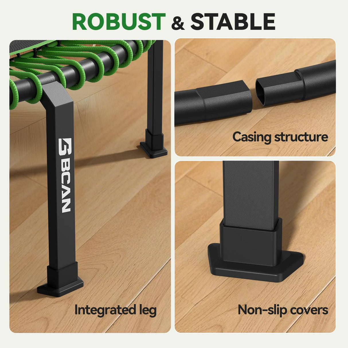 BCAN 560 LBS Soft Land Mini Trampoline, 48" Fitness Trampoline, 1 Sets of Bungees, T Shape Adjustable Foam Handle, Stable, Quiet Exercise Rebounder for Kids Adults Indoor/Garden Workout-48IN-1-GREEN BCAN