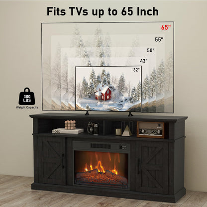 Luban Nese Fireplace TV Stand for TVs Up to 65" with 23" Electric Fireplace, Entertainment Center with Storage Cabinet and Open Shelves, Media Console with Barn Doors for Living Room (Charcoal Grey)