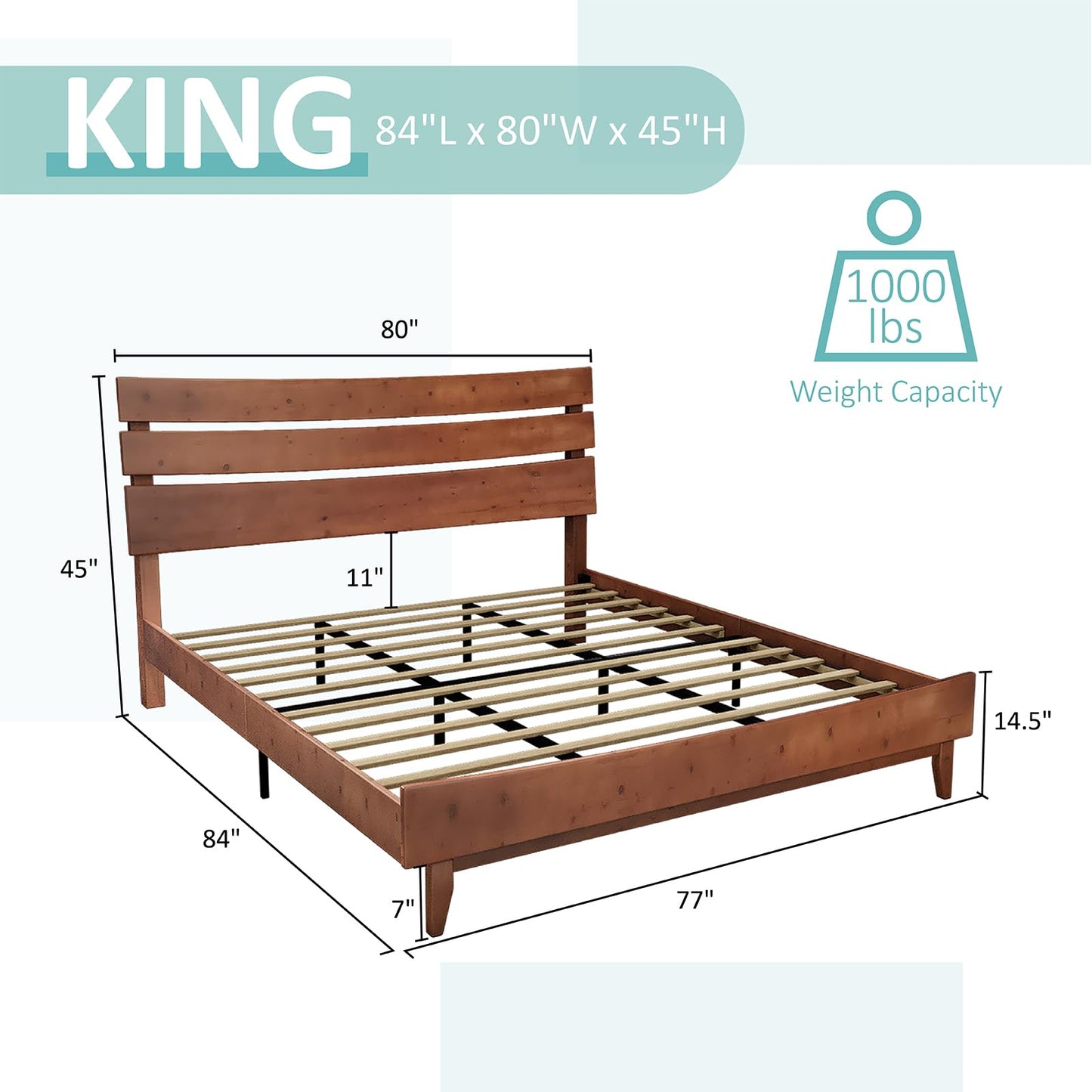 LUXOAK Mid-Century Solid Wood King Bed Frame with Headboard - No Box Spring Required - WoodArtSupply