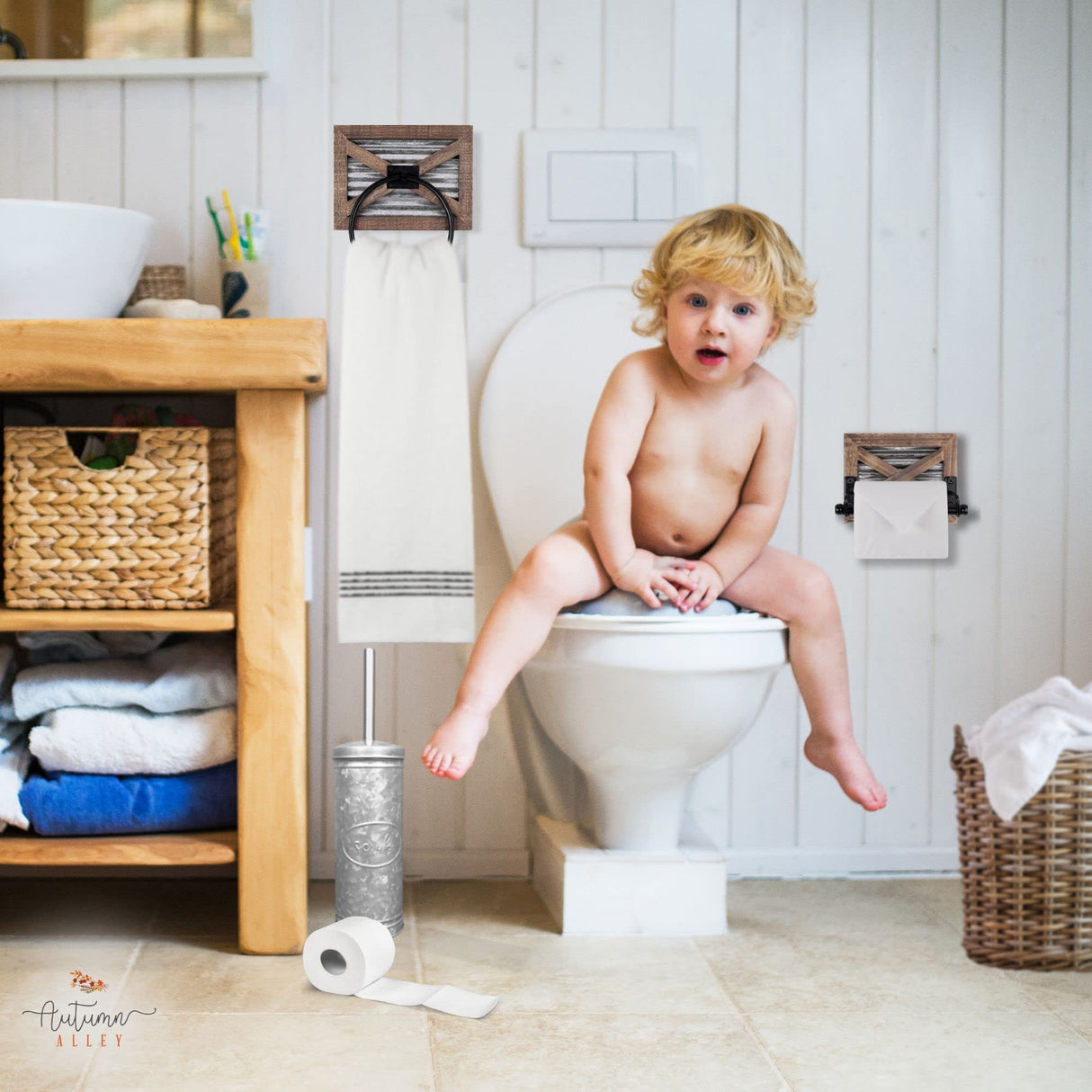 Autumn Alley Farmhouse Toilet Paper Holder and Rustic Towel Holder Set, Wall Mount, Rustic Wall Toilet Paper Holder and Bathroom Hand Towel Holder Decor, Wooden Brown Autumn Alley