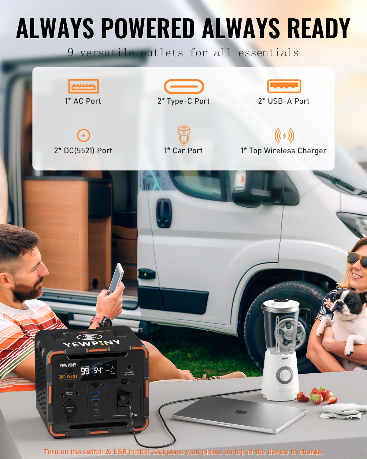 YEWPINY EM300 Portable Solar Power Station, 259Wh LiFePO4 Battery, 65W USB-C PD Fast Charging, 600W Peak, AC/DC/USB-A Outputs for Camping, Home, and Emergency Use yewpiny