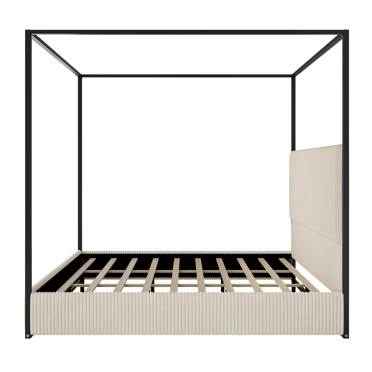 HRJHLucky King Size Canopy Bed with Tall Upholstered Channel Headboard, Metal 4 Poster Upholstered Bed, No Box Spring Needed (Black+Cream, King//) HRJHLucky