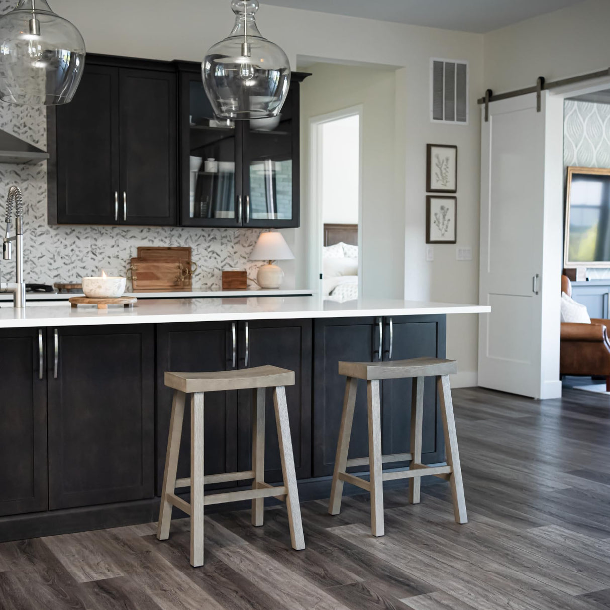 Maven Lane Kitchen Bar Stool, Modern Farmhouse Wood Counter Barstool, Kitchen Island Stool, Counter Height Bar Stools for Kitchen, Wide Seat Backless Bar Stools, Vincent 26", Antiqued Grey, Set of 2 Maven Lane