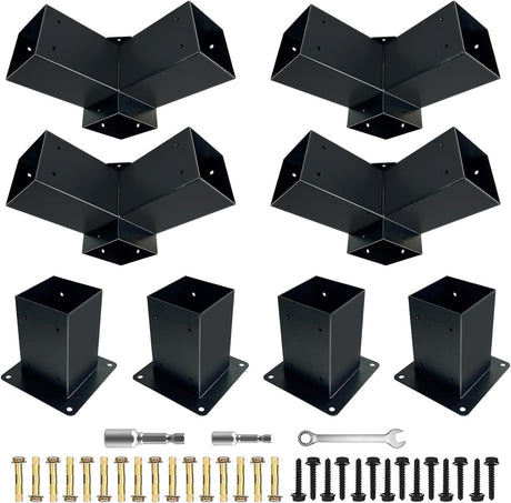 DEVALLEY 3-Way Right Corner Pergola Brackets Kit,Woodwork Brackets with Post Anchors for 4" x 4" (Actual:3.5"x3.5") Wood Beams Suitable for Patio Pergolas,Gazebos,Log Cabins W/Hardware (8 Pack)… DEVALLEY