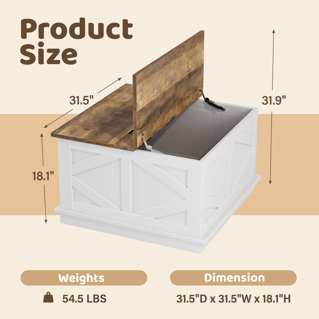 YESHOMY 31.5 inch Farmhouse Coffee Table, Coffee Tables for Living Room, Center Table with Flip-Top Lids, Large Storage Space (White) YESHOMY