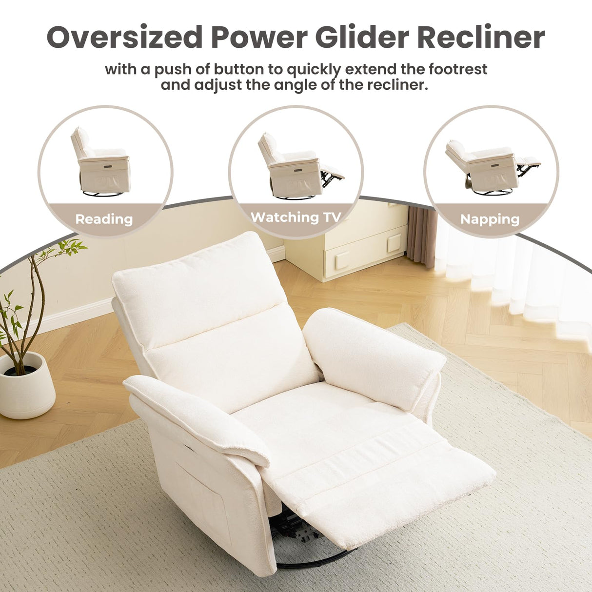 Rhevoy Oversized Power Recliner Chair Swivel Glider with Massage and Heat, Rocker Nursery Recliner for Adults with Adjustable Headrest, 26" Extra Wide Nursery Chair with Overstuffed Armrest,White Rhevoy