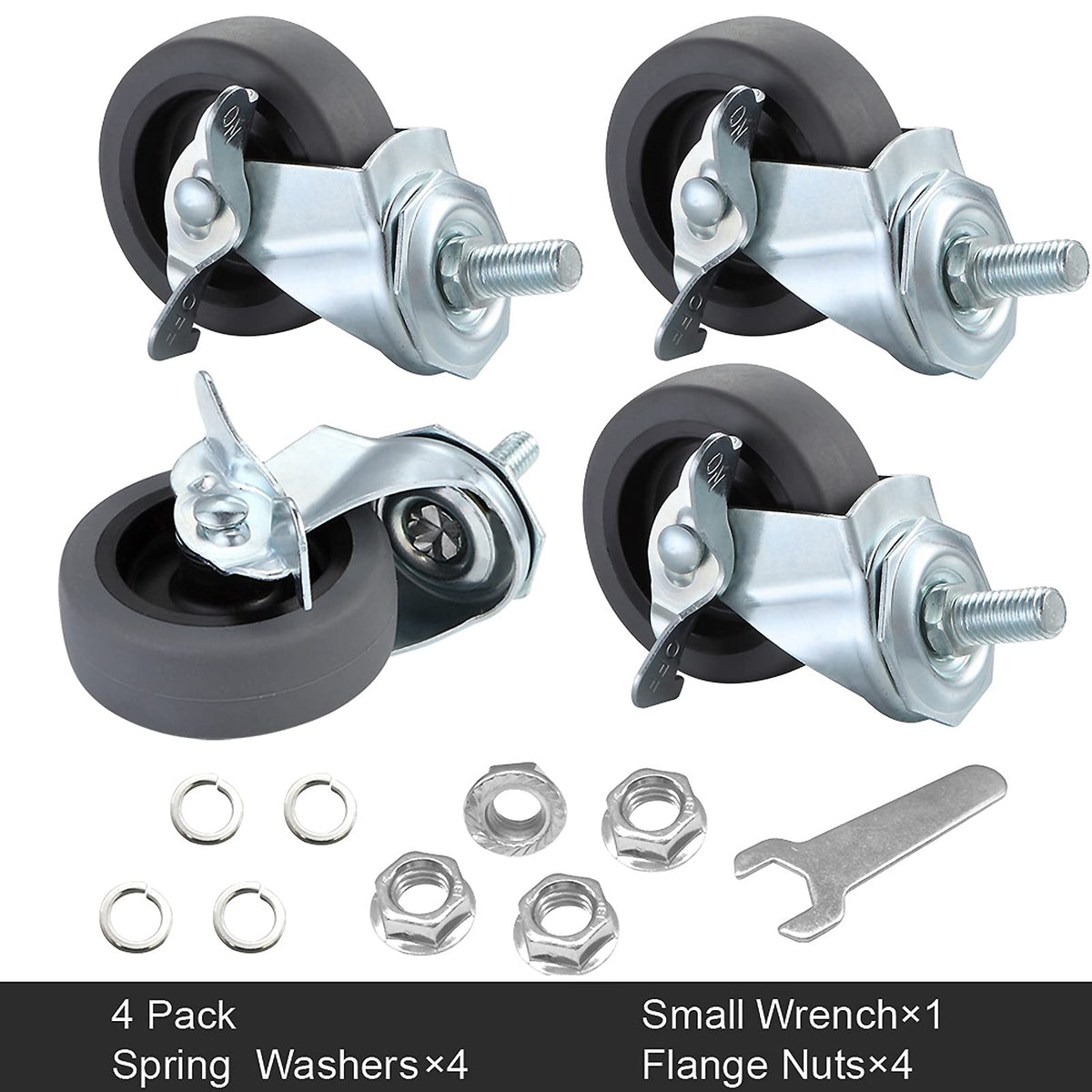 WHARSTM Caster Wheels, 3" Locking Swivel Stem Casters Set with Brake of 4, 3/8"-16 x 1" (Screw Diameter 3/8", Length 1")Rubber Casters with 360 Degree No Noise Wheels WHARSTM