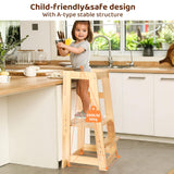 Adjustable Toddler Tower, Stable Standing Tower with 3 Heights Platform & Steps, Wooden Step Stool for Toddlers with Safe Around Rails for Bathroom/Kitchen/Sink, Suitable for Ages 18-36 Months KIDINIX