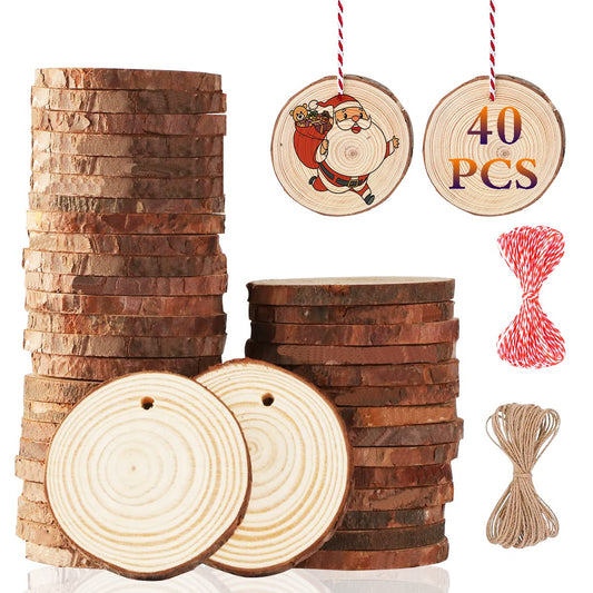 Artmag Natural Wood Slices 40pcs 2"-2.4" Unfinished DIY Crafts Predrilled with Hole Round Wooden Circles for Arts Rustic Wood Slices Christmas Ornaments Decor