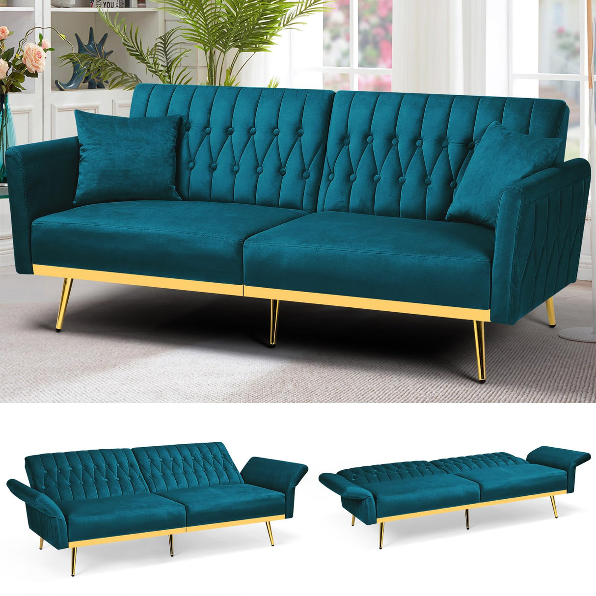 ACMEASE 70” Velvet Futon Sofa Bed w/Adjustable Armrests and Backrest, Convertible Futon Couch w/2 Pillows, Modern Sleeper Bed for Living Room, Bedroom, Teal ACMEASE