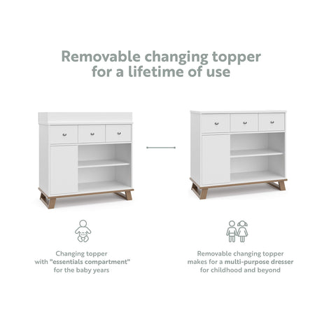Storkcraft Modern Nursery Changing Table Dresser Combo (White & Vintage Driftwood) – GREENGUARD Gold Certified, Dresser for Nursery, Changing Table with Drawers, Removable Changing Table Topper Storkcraft