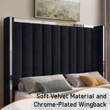Jocisland King Size Bed Frame with 58" Tall Headboard, Velvet Upholstered Platform Bed with Channel Tufted Wingback Headboard and Plating Trim, No Box Spring Needed, Black Jocisland