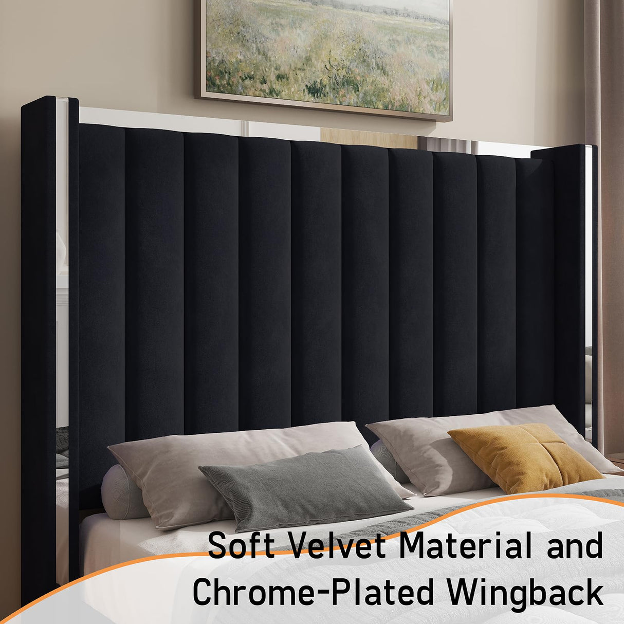 Jocisland Queen Size Bed Frame with 58" Tall Headboard, Velvet Upholstered Platform Bed with Channel Tufted Wingback Headboard and Plating Trim, No Box Spring Needed, Black Jocisland