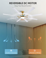 VONLUCE 72 Inch Ceiling Fans with Lights, Large Industrial Ceiling Fan and Remote, 8 Aluminum Blades, 6 Speeds Quiet Reversible DC Motor, Metal Ceiling Fan for Farmhouse Living Room Office, White Gold VONLUCE