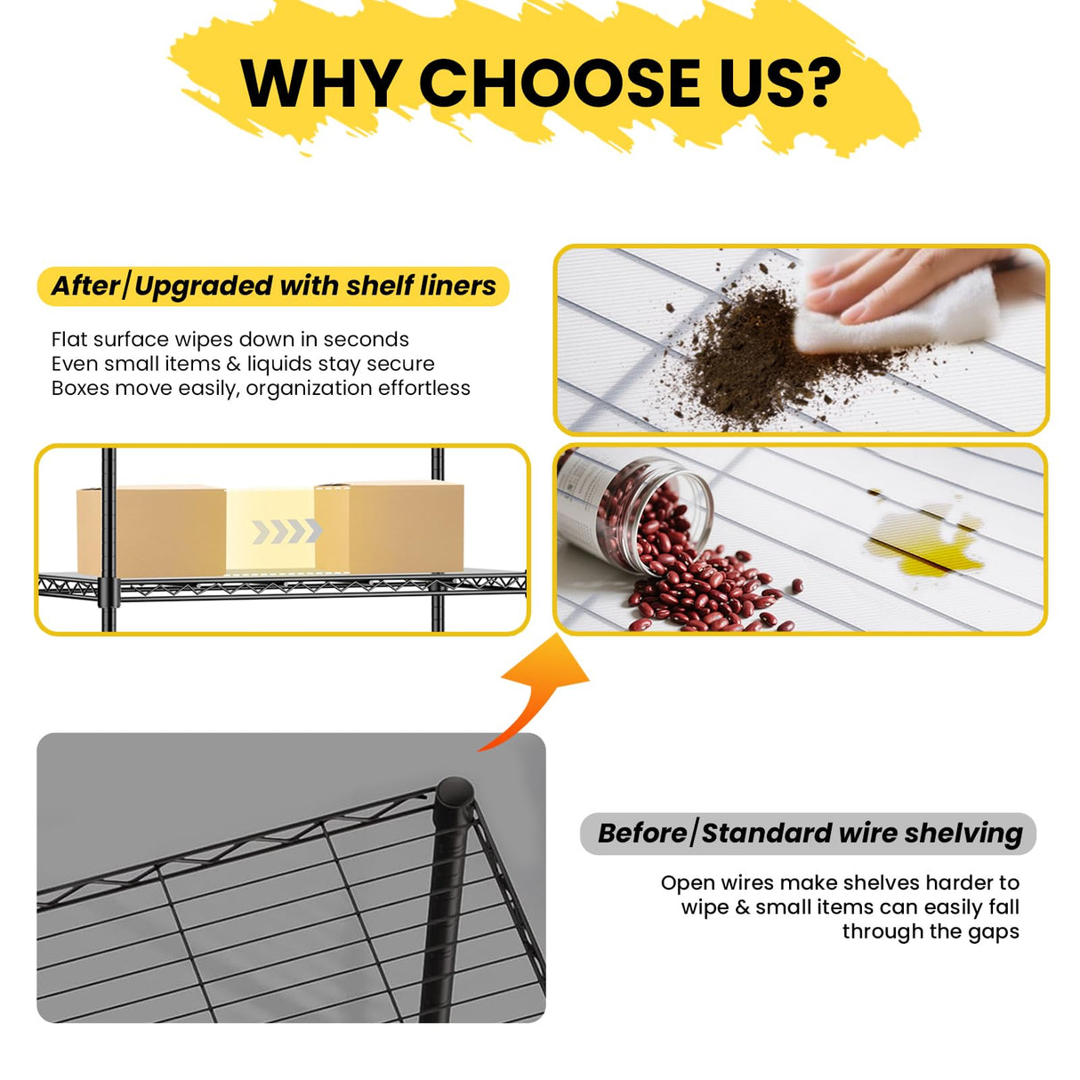 RackBro 72" H Storage Shelves 5 Tier Wire Shelving with Shelf Liners, Adjustable Metal Garage Shelving, 1325LBS Heavy Duty Commercial Storage Rack for Pantry Kitchen, 35" W x 16" D x 72" H, Black RackBro