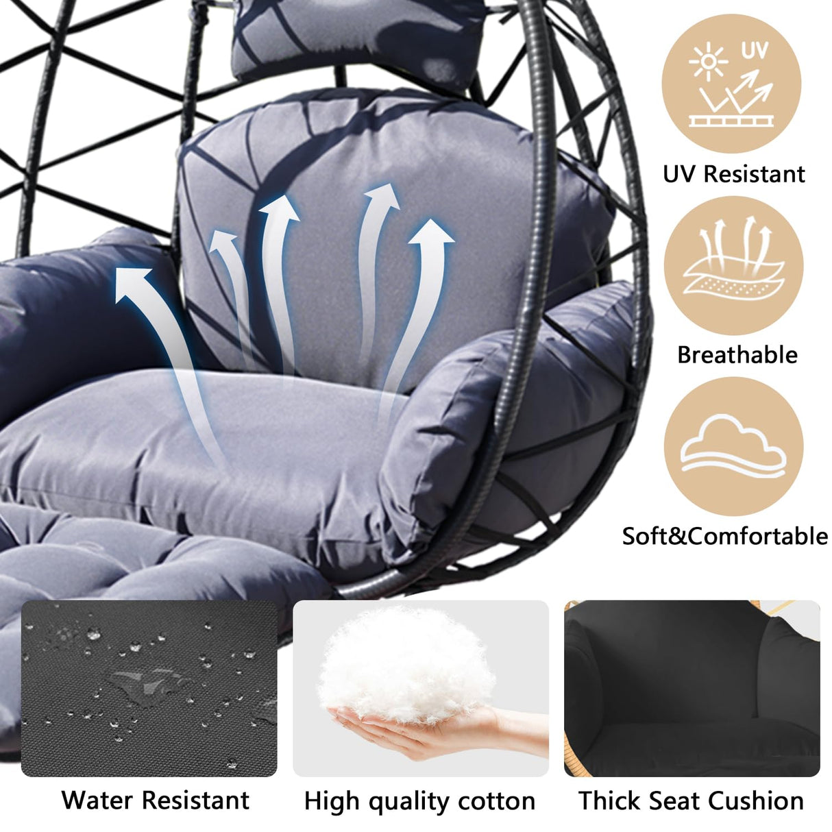 Indoor Outdoor Hanging Egg Chair with Stand & Leg Rest – Heavy-Duty Steel Frame, Handwoven Rattan Swing Chair for Patio, Garden, Bedroom – 350 lbs Capacity, Ergonomic Design (Black) Nevsokio