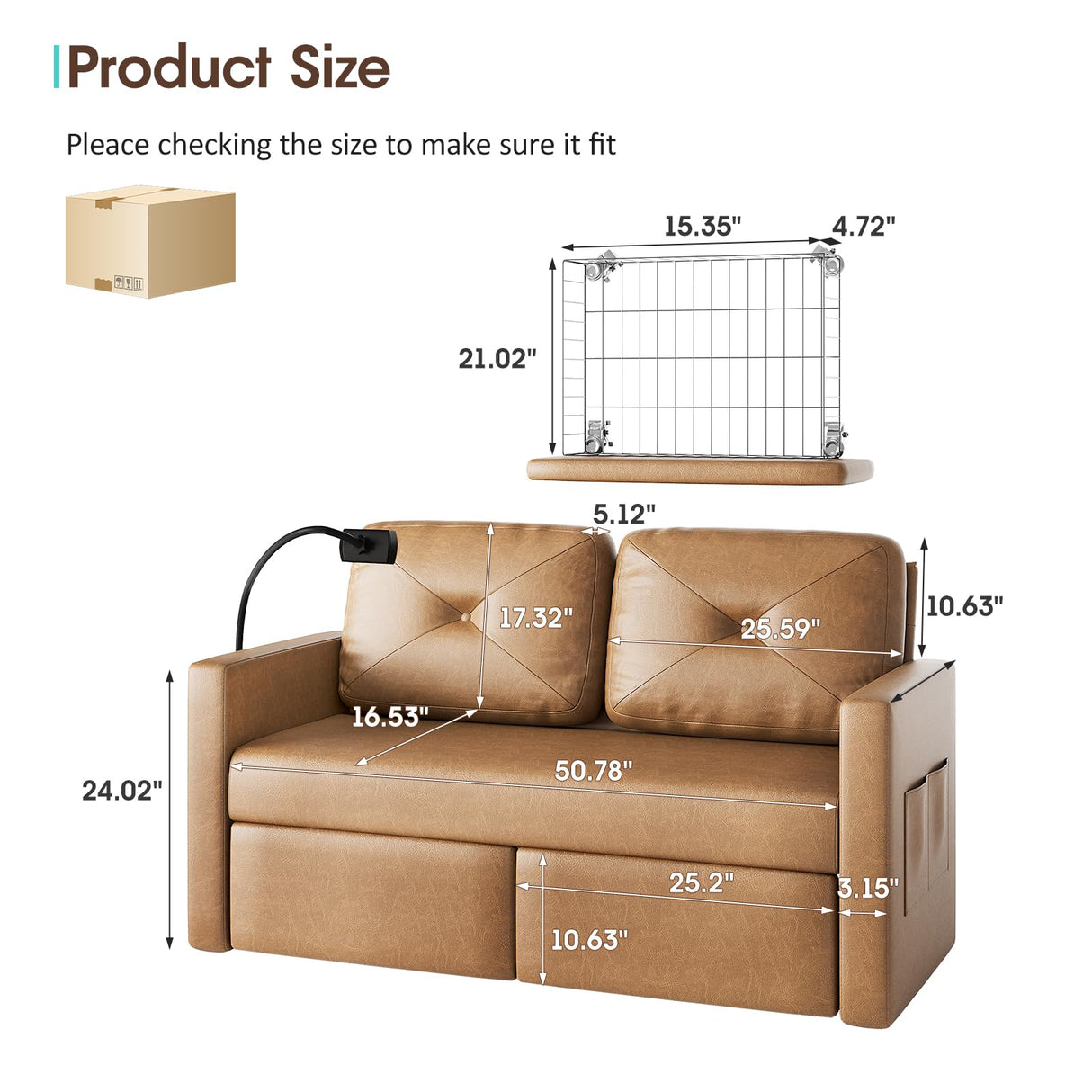 Maupvit Brown Leather Couch with Storage, Modern Comfy Loveseat Sofa with Charging Ports, Side Pockets, Solid Wooden Frame for Office, Living Room and Bedroom, 2 Seater Maupvit