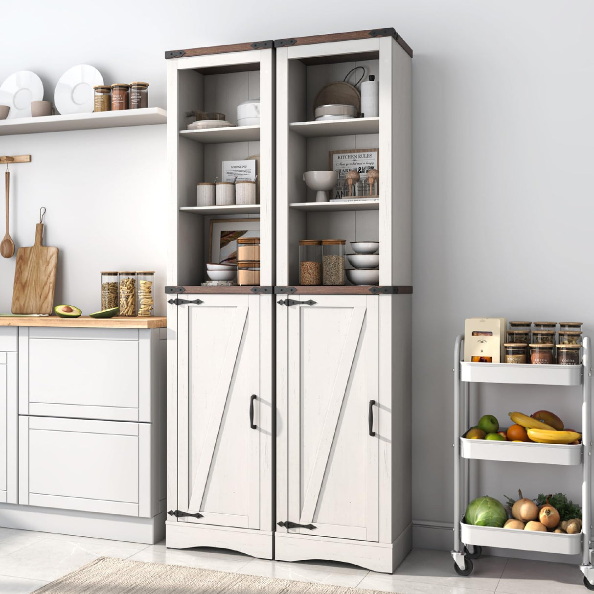 Hlivelood 68" Tall Farmhouse Bathroom Storage Cabinet, 5-Shelf Storage Cabinet with Barn Door&Adjustable Shelves, Linen Tower Cabinet with Storage for Bathroom, Kitchen, Living Room, Rustic White Hlivelood